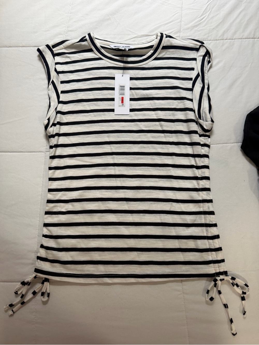 NWT DKNY Jeans Black White Striped Cinch Side Tie Sleeveless Top